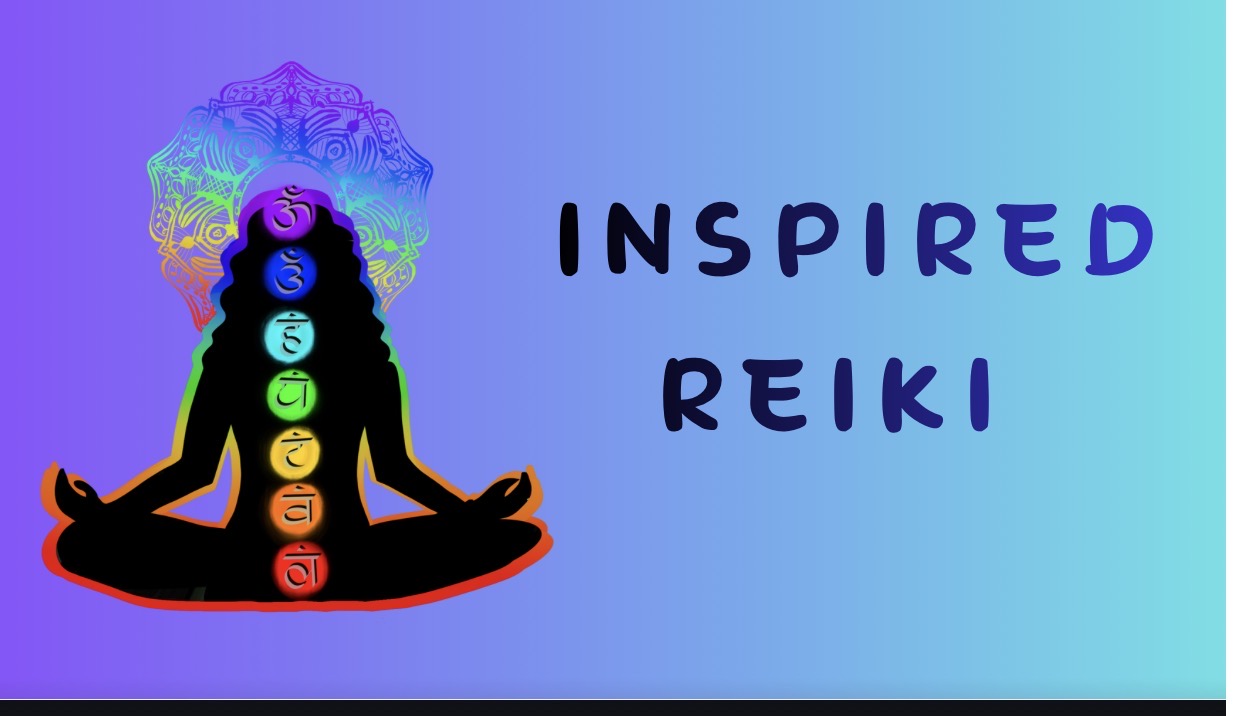 Inspired Reiki logo with a seated meditation silhouette, rainbow chakra symbols, and a purple to turquoise background